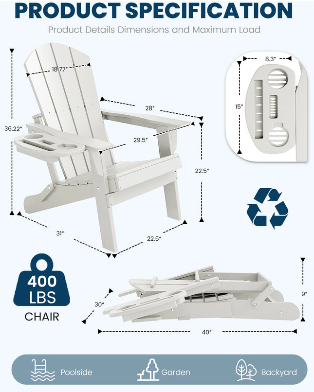 FOOWIN 1/2pcs Folding Adirondack Chair Weather Resistant HDPE Plastic Cup Holder Outdoor Patio Garden Fire Pit Deck Lawn