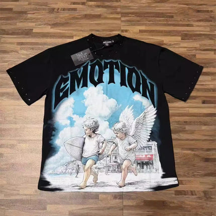 Fashion Brand Mixed Emotion Embroidery Rhinestone American Streetwear Angel Print Hot Diamond Top Tee Men Women Loose T shirts