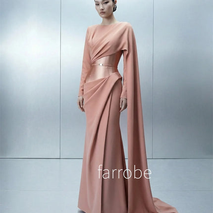Customized Fashion Jersey Pleat Mermaid O-Neck Long Bespoke Occasion Evening Dresses Simple Chinese Style