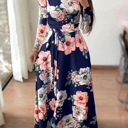 Slim Dresses Casual Long Sleeve Round Neck Flower Printed Dress Strap Floor-Length Long Skirt Clothing
