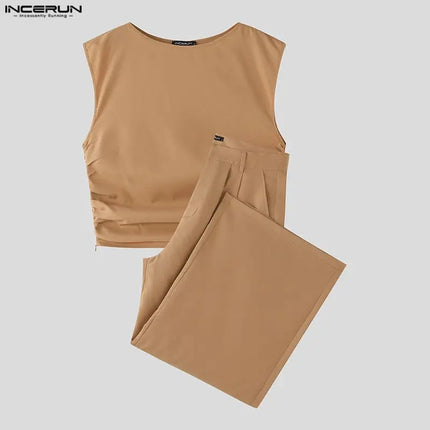 INCERUN Men Sets Solid Color Sleeveless Pleated Crop Tank Tops & Pants Two Pieces Sets Streetwear Loose 2025 Fashion Men's Suits