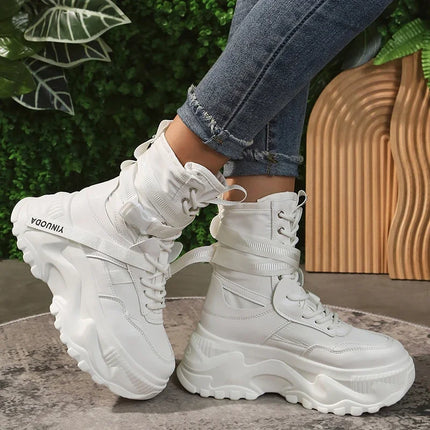 White Chunky Platform Motorcycle Boots Women Buckle Lace Up Thick Bottom Ankle Boots Woman 2024 Autumn Fashion Vulcanized Shoes