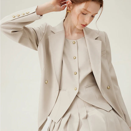 FSLE Women Blazer Temperament Suit Jacket for Office Lady Sets Formal Female Blazer Vest Skirt 24FS11075