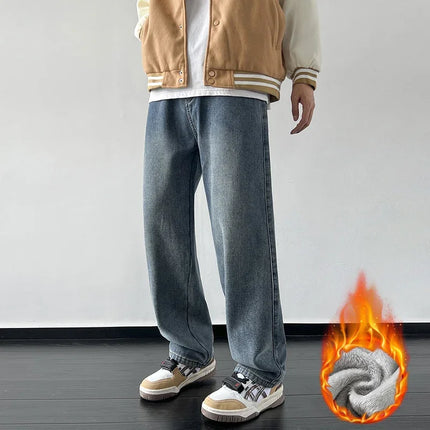 4 Colors Winter Fleece Men's Jeans Baggy Straight Elastic Waist Denim Pants Fashion Korean Thickened Warm Male Thermal Trousers