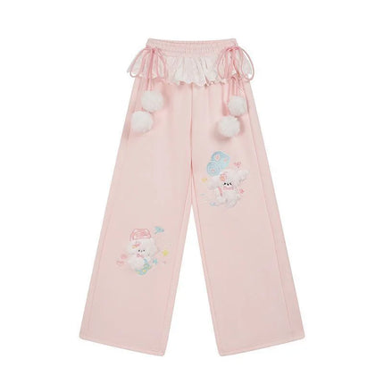 Cute Cartoon Wide Leg Pant Women Lace Patchwork High Waist Sweet Trousers Vintage Japan Preppy Style Fall Winter Kawaii Pants