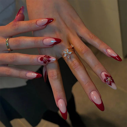 24pcs Almond False Nails Tips Summer Beach Colorful Nails Sets with Pearl Flower Design Press on Nails Art Wearable Fake Nail