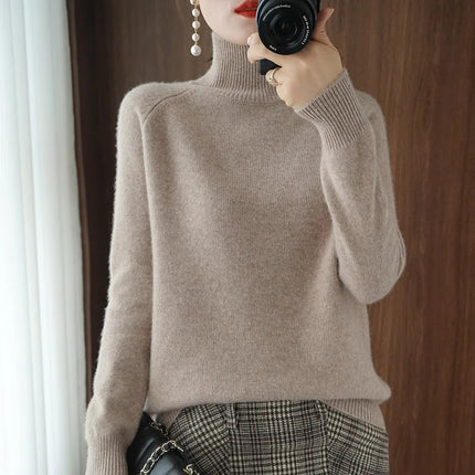 Basic Autumn Winter Merino Wool Sweater Mock Neck Cashmere Pullover Solid Color Soft Long Sleeve Basic