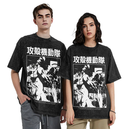 Vintage Washed T-Shirts Ghost In The Shell Print T Shirt Men Women Clothing Cotton Tee Shirt Summer Short Sleeve Streetwear