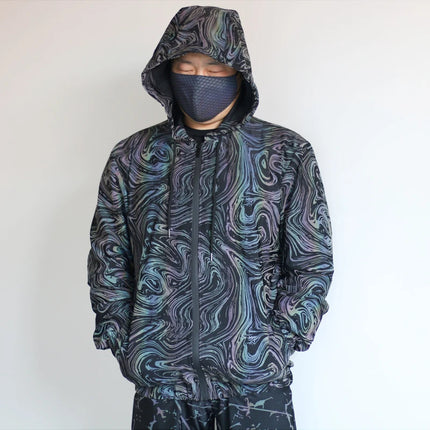 Spring And Autumn Men's Colorful Reflective Swirl Jacket Hooded Zipper Technology Long Sleeve Jacket Hip Hop Reflective Top