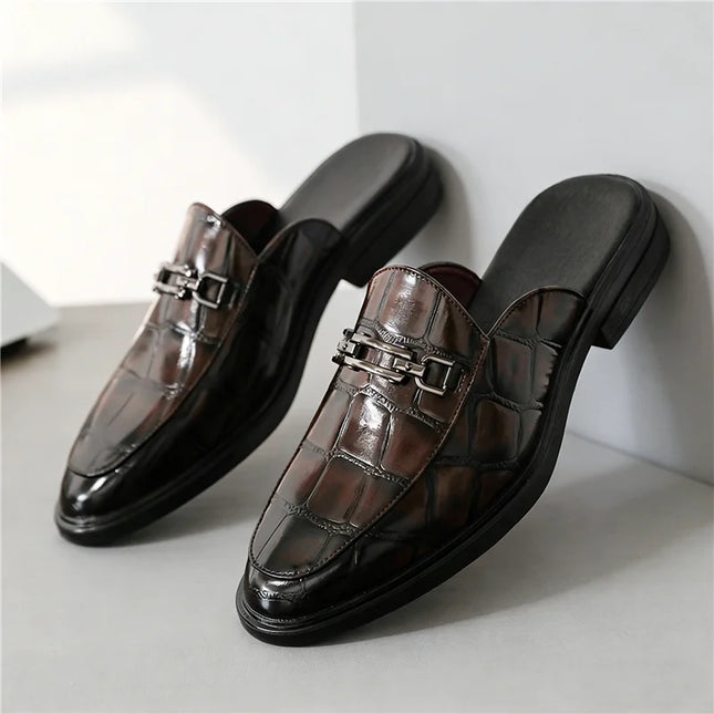 Summer Fashion New Men's Brown Half Slippers Metal Button Patent Leather Shoes Male Casual Mules Moccasins Breathable Loafers