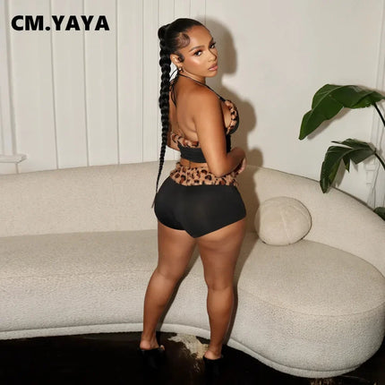 CM.YAYA Women's Set Strapless Sleeveless Leopard Print halter  Top and Shorts Suits 2024 Street Two 2 Piece Set Outfit Tracksuit