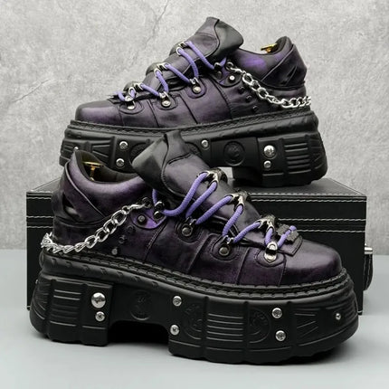 8cm High Leather Casual Shoes for Men Punk Metal Rivet Thick-Soled Mans Shoes Fashion Retro Heightening Leather Shoes Zapatillas