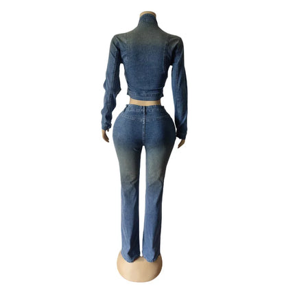 Streetwear Jeans Pants Outfits Sexy Women Two Pieces Elegant Denim Club Matching Set Jacket+Trousers