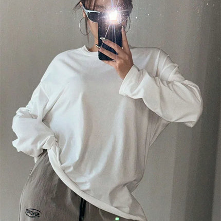 Women Basic Long Sleeve Loose O-neck T-shirt Autumn Winter Solid Color Tee Top Streetwear
