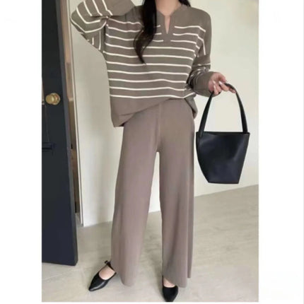 Women Two Piece Set Striped Knit Tops V Neck Full Sleeve Loose Casual Pullover Wide Leg Pants High Waist Elegant Autumn Winter