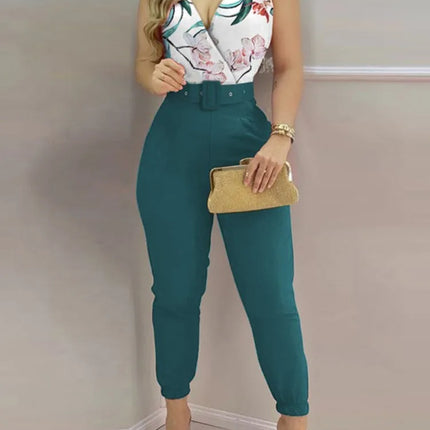 Summer Women Jumpsuits Elegant Office Lady Sexy V-neck Sleeveless Print Jumpsuits New Fashion With Belt Vest Playsuit Streetwear