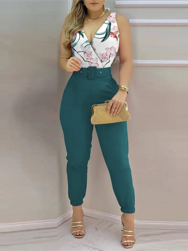 Sommer Damen Jumpsuits Elegant Office Lady Sexy V-Ausschnitt Ärmellos Print Jumpsuits Neue Mode mit Gürtel Weste Playsuit Streetwear