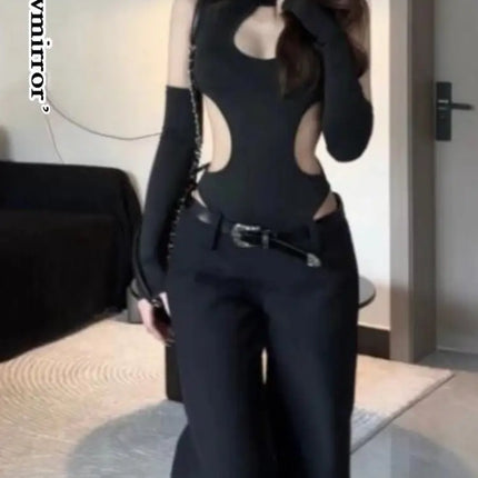 Women Long-sleeved Bodysuit Solid Color Hollow Off-shoulder Jumpsuit Gothic Harajuku Bodysuit Women Y2K Clothes Sexy Camisole