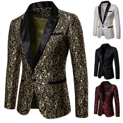 Blazer Men Coat Turn Down Collar Blazers Single Button Full Sleeve Jacquard Evening Work Casual Slim Fit Formal Jacket Spring