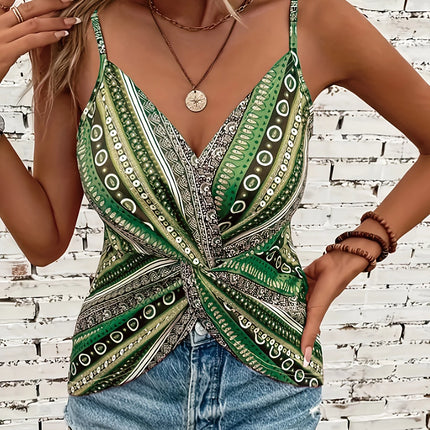Women's sexy V-neck chain printed front twisted back camisole top, made of polyester fabric with spaghetti pattern