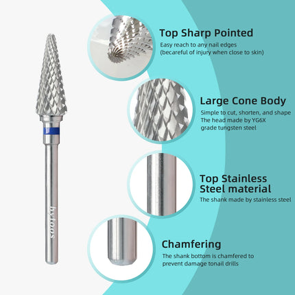 HYTOOS Perfect Cone Cuticle Bit 3/32 Carbide Nail Drill Bits Milling Cutter for Manicure Electric Drills Nails Accessories Tool