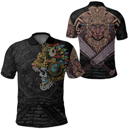 Mexico Flag Map Graphic Polo Shirts For Men Aztec Warrior Eagle 3D Printed Short Sleeves Casual Sport Lapel Tops Oversized Tees