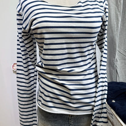 Sweet Pink Striped Long Sleeve T-shirt Women New Spring Cotton Raw Hem Slash Neck Slim Tee Tops Cute Preppy Style T shirt Y2K