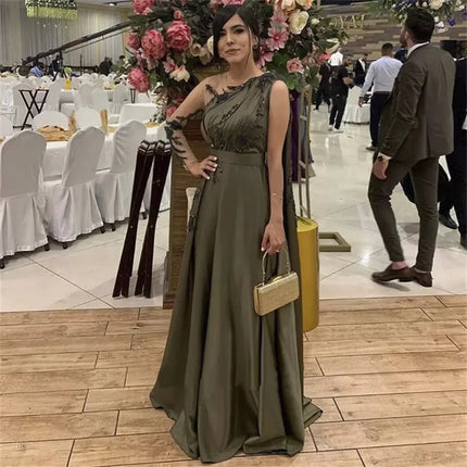 Arabic One Shoulder Olive Green Muslim Evening Dress With CapeProm Pure Color Islamic O-Neck Pageant Gowns Custom Robe De Soiree