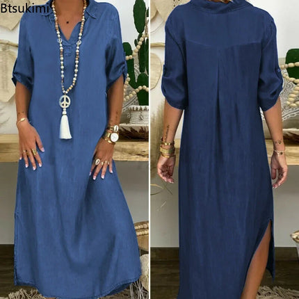 Plus Size 4XL 5XL Casual Denim Dress for Women Spring Summer Dresses Lapel Split Loose Long Ladies Jeans Dress Vestidos Female
