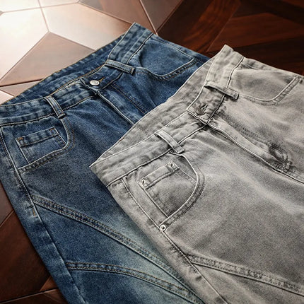 Spring New American Curved Washed Man Pants Loose Vintage Street Denim Regular Straight Wide Leg Jeans Men