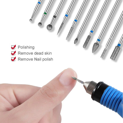 10-Piece Professional Nail Drill Bit Set: Tungsten Carbide Diamond Tips for E-File, Manicure & Pedicure, Acrylic/Gel Nails Cu...