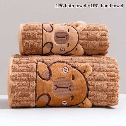 ✰✪Cute 2pc Capybara Face Towel Set, Extra Soft Coral Fleece, 34x74 Inch Towel And 70x140 Inch Bath Towel