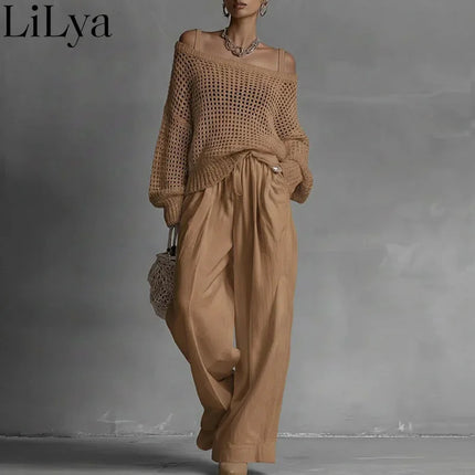 Off Shoulder Hollow Knit Womens Pants Set Long Sleeve Wide Leg Pants Outfit Casual Loose Summer Beach Vacation Pants Set Woman