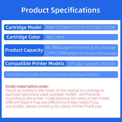 304A CC530A 531A 532A 533A toner cartridge Compatible For HP Color Laserjet CM2320n CM2320nf fxi CP2025 CP2525n CP2025dn Printer