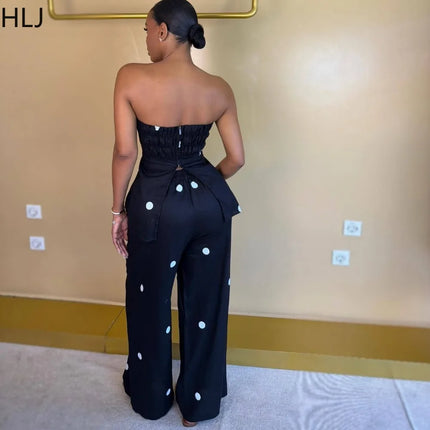 HLJ Women Polka Dot 2 Piece Outfits Elegant Bandeau Tube Top + High Waist Wide Leg Pants Set Summer Casual Streetwear Holidays