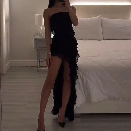 Strapless Sexy Floral Fold Hemline High Slit Mini Dress Solid Backless Sleeveless Black And Pink Party Dress