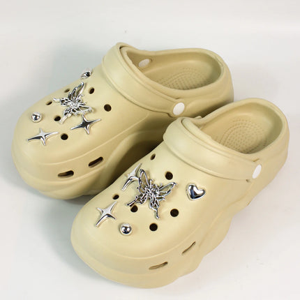 Women DIY Silver Butterfly-Knot Fashion Bow Decor Clogs Summer Sping Autumn Beach Sandals Cave Hole Garden Shoes Students Girls