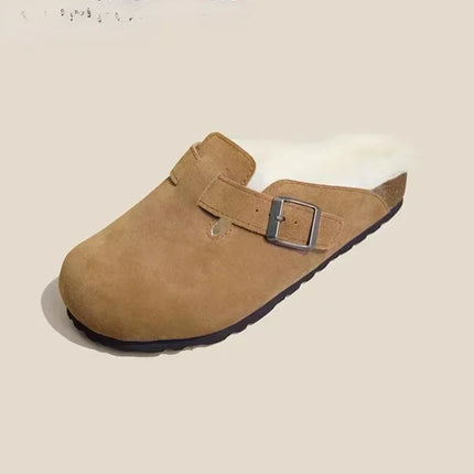 Women's Slippers 2024 Autumn Winter Leather Round Toe Slippers Couple Slippers Outdoor Casual Keep Warm Women Suede Slides Mujer