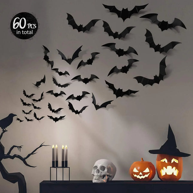 Bats Wall Decor 120 Pcs 3D Bat Halloween Decoration Stickers for Home Decor 4 Size Waterproof Black Spooky Bats for Room Décor