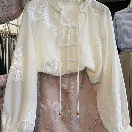 Elegant Embroidered Lace Shirt for Women Chinese Style National Trend Button Stitching  Stand Collar Belted Retro Shirt