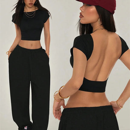 Sexy Backless Short Sleeve T Shirt Women Summer Grunge Y2K Clothes High Street Style Plain Black Crop Tee Top Streetwear 2024