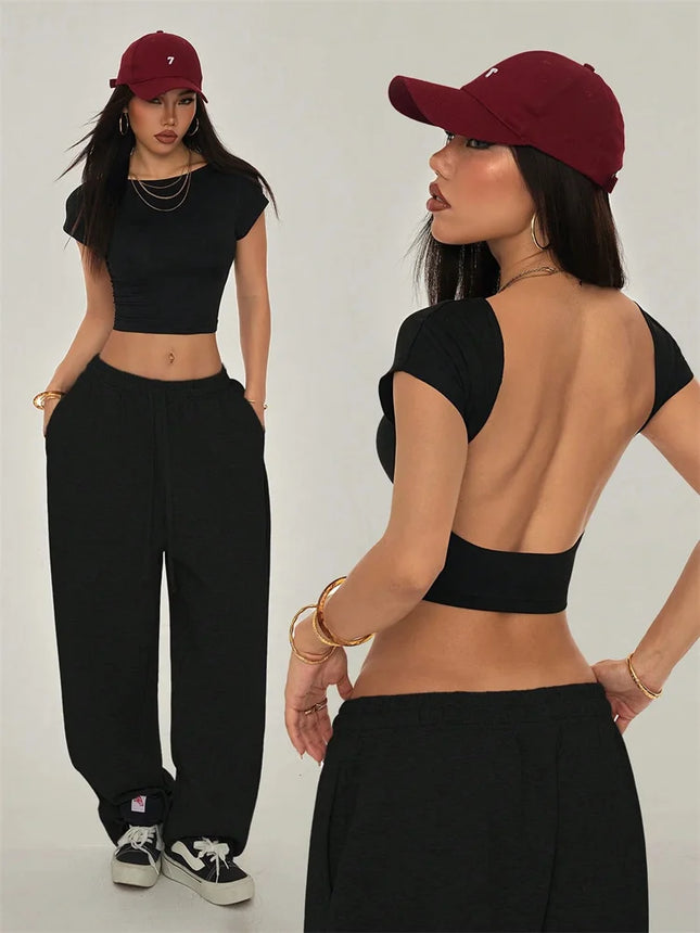 Sexy Backless Short Sleeve T Shirt Women Summer Grunge Y2K Clothes High Street Style Plain Black Crop - product image 7