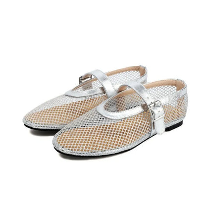 LeShion Of Chanmeb Brand Mesh Net Ballet Flats Shoes for Women Strap Buckle Breathable Cool Spring Summer INS Ballerina Shoes 43