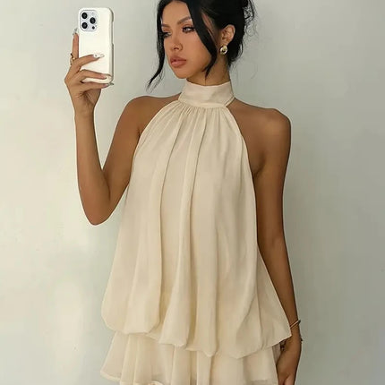 Women Halter Neck Backless Tie Mini Dress Summer Sleeveless Chiffon Ruffle Short Dresses Sexy Club Party Beach Vacation Outfit