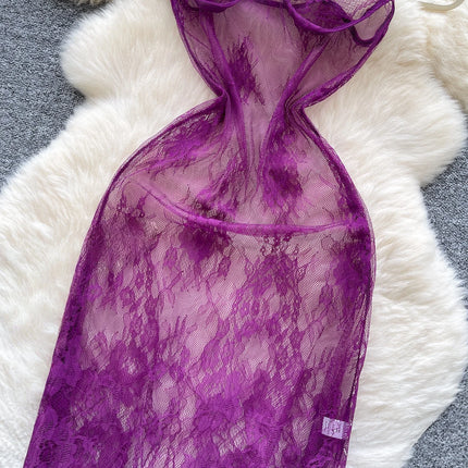 Woman Fashion Thin See Through Slim Fit Pure Desire Dress Women New Vintage Sexy Halter Mesh Embroidery Purple Long Dress