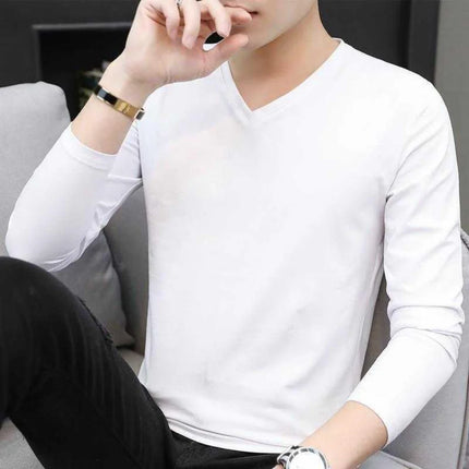 Men's Autumn Winter Ice Silk Long Sleeve T-Shirt Pure Color V-Neck Undershirt White Clothes New Trendy Inner Top Bottoming Shirt