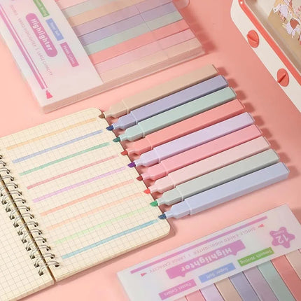 12 Pcs/Set Double Tip Highlighter Pens Kawaii Manga Markers Midliner Pastel Gel Set Stationery Journal School office Supplies