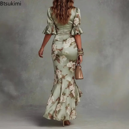 2026 Women's Sexy Deep V Neck Ruffles Maxi Dress Female Fashiont Floral Print Mermaid Party Dress Flare Sleeve Satin Long Dress