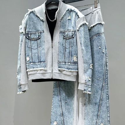 Fashion Casual Men's Denim Patchwork Jacket Set Loose Zipper Jackets Coat High Waist Wide Leg Pants Two-Piece Set Mens Autumn