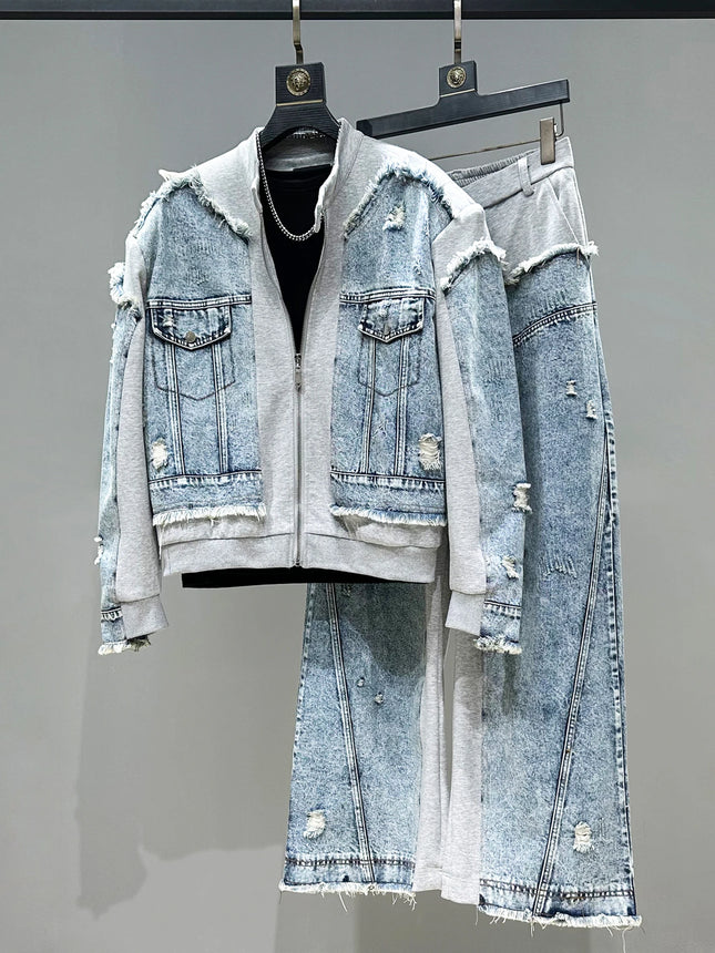 Fashion Lässig Herren Jeans-Patchwork-Jacken-Set Lockere Reißverschlussjacken Mantel Hohe Taille Weite Hosen Zweiteiliges Set Herren Herbst